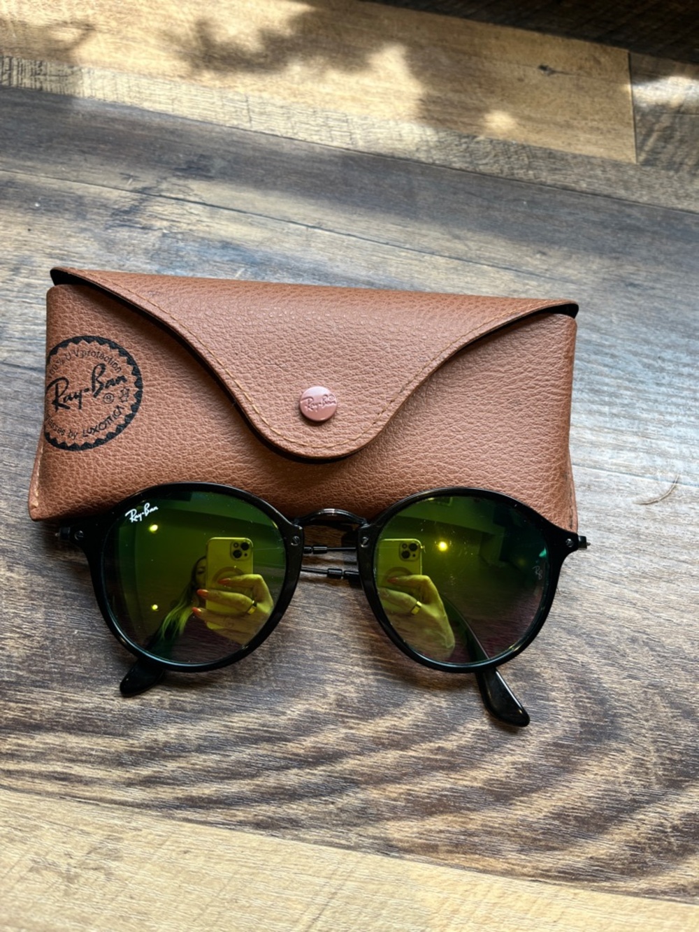 Ray-Ban Black Frame Sunglasses with Green Mirrored Lenses and Brown Case